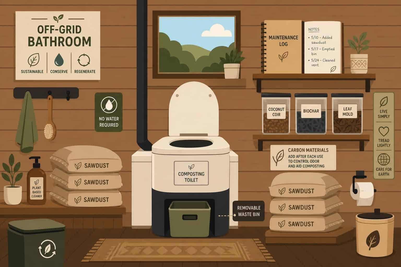 A minimalist flat vector illustration of an off-grid bathroom featuring a composting toilet and sustainable living elements. A minimalist flat vector illustration of an off-grid bathroom featuring a composting toilet and sustainable living elements.