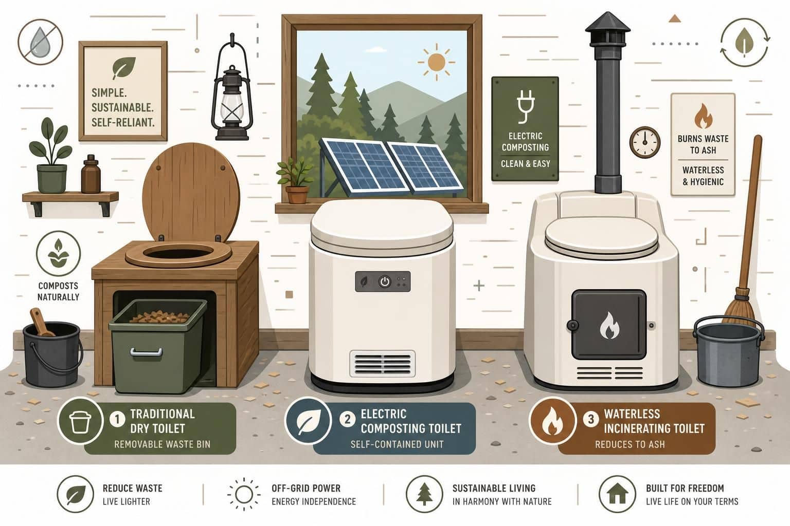 A minimalist vector illustration of a rustic off-grid bathroom showcasing three composting toilet models against wooden walls. A minimalist vector illustration of a rustic off-grid bathroom showcasing three composting toilet models against wooden walls.