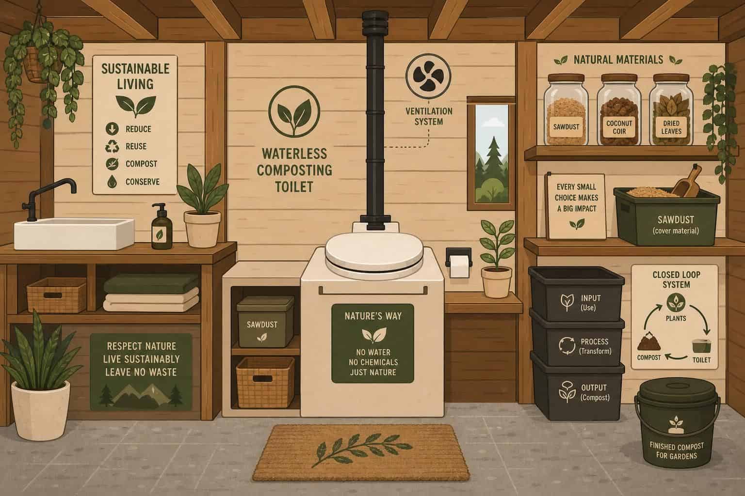 A minimalist, sustainable bathroom interior featuring a waterless composting toilet and eco-friendly design elements in warm colors. A minimalist, sustainable bathroom interior featuring a waterless composting toilet and eco-friendly design elements in warm colors.