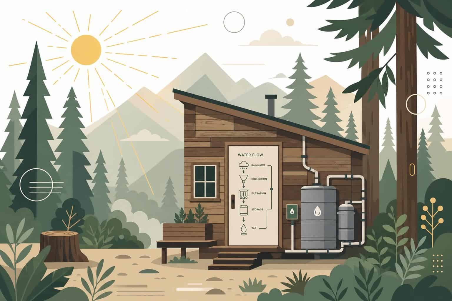 A minimalist flat vector illustration of a rustic cabin in a forest with geometric trees and abstract mountains. A minimalist flat vector illustration of a rustic cabin in a forest with geometric trees and abstract mountains.