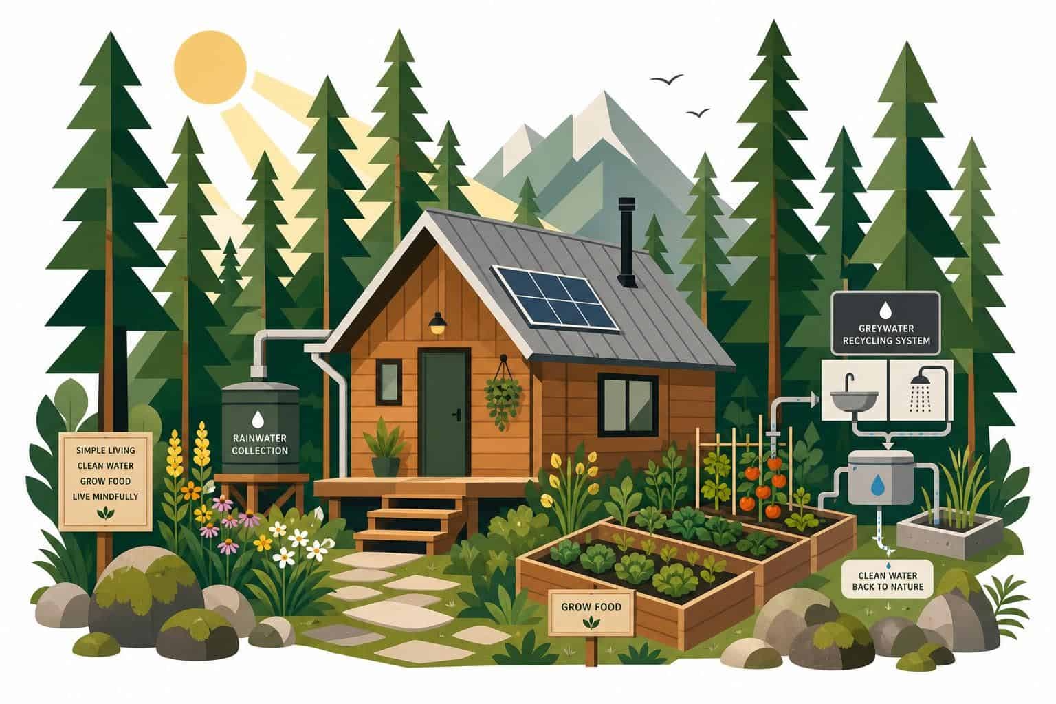 A minimalist off-grid cabin surrounded by pine trees, wildflowers, and geometric garden elements, promoting an eco-friendly lifestyle. A minimalist off-grid cabin surrounded by pine trees, wildflowers, and geometric garden elements, promoting an eco-friendly lifestyle.