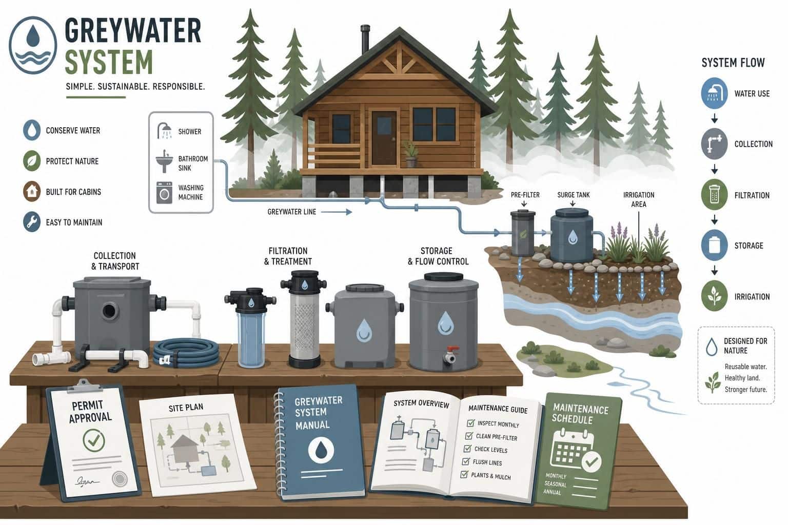A modern flat vector illustration of a rustic cabin with greywater system components and pine trees in a minimalist style. A modern flat vector illustration of a rustic cabin with greywater system components and pine trees in a minimalist style.