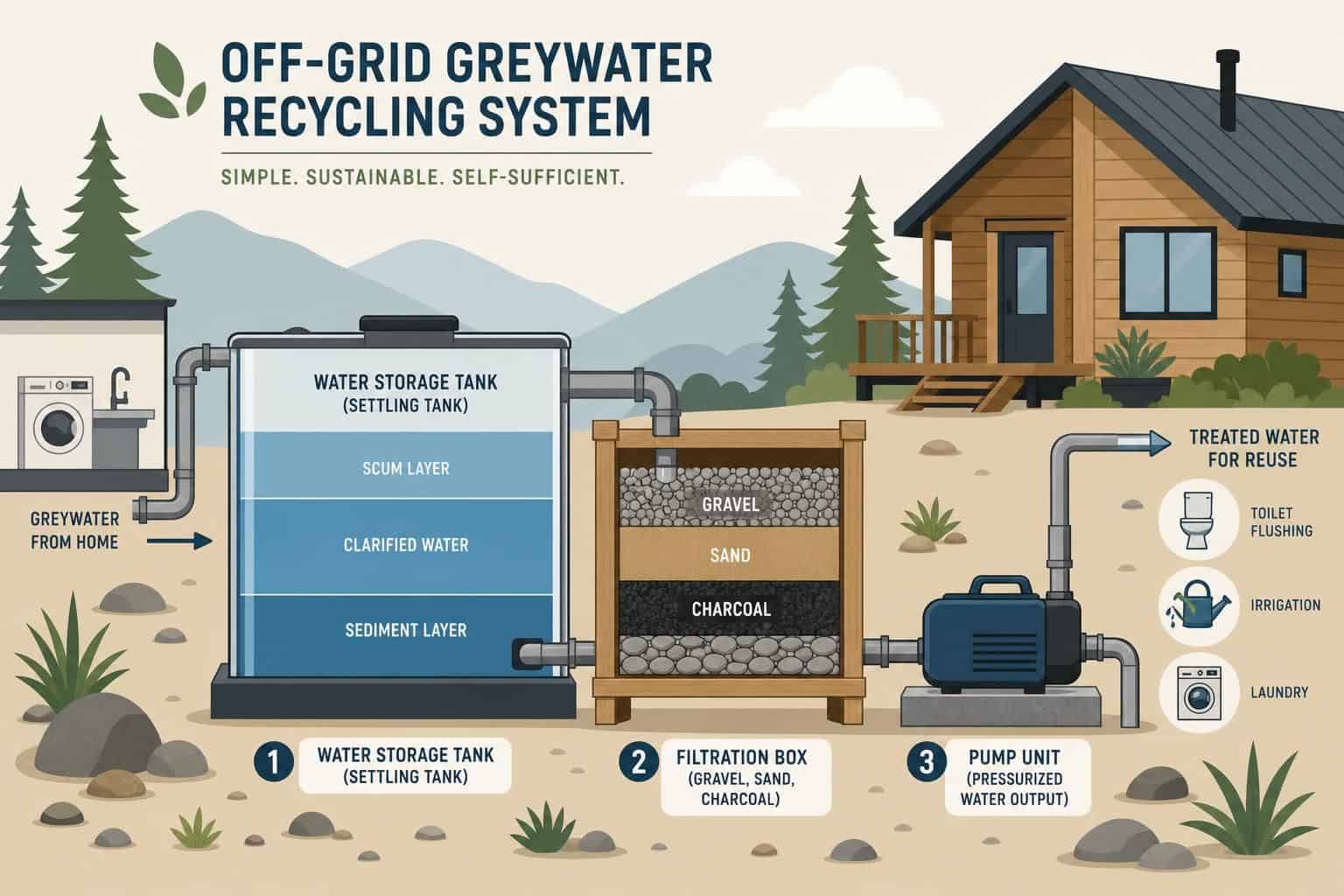 Flat vector illustration of an off-grid greywater recycling system with minimalist components and educational labels. Flat vector illustration of an off-grid greywater recycling system with minimalist components and educational labels.