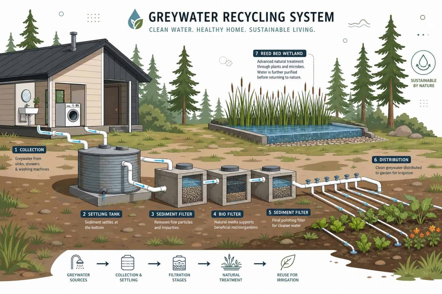 A minimalist vector illustration depicts a residential greywater recycling system with natural filtration and garden irrigation beside a homestead. A minimalist vector illustration depicts a residential greywater recycling system with natural filtration and garden irrigation beside a homestead.
