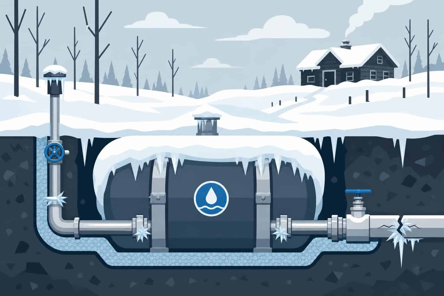 Flat vector illustration of an off-grid water tank system buried in snow, featuring frost-covered pipes and a winter landscape. Flat vector illustration of an off-grid water tank system buried in snow, featuring frost-covered pipes and a winter landscape.