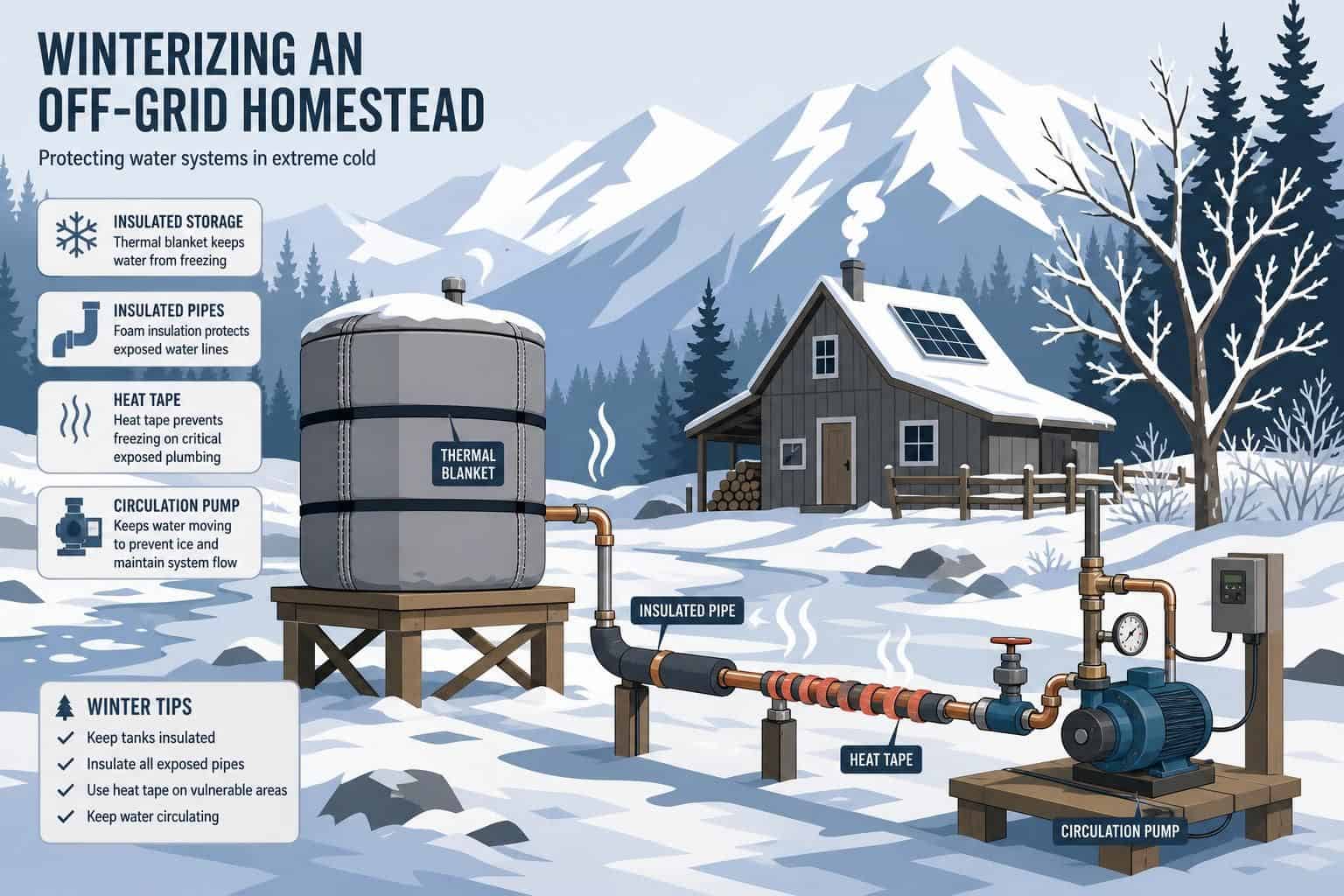 A minimalist vector illustration of a remote off-grid cabin in a snowy mountain valley showcasing winterization infrastructure. A minimalist vector illustration of a remote off-grid cabin in a snowy mountain valley showcasing winterization infrastructure.