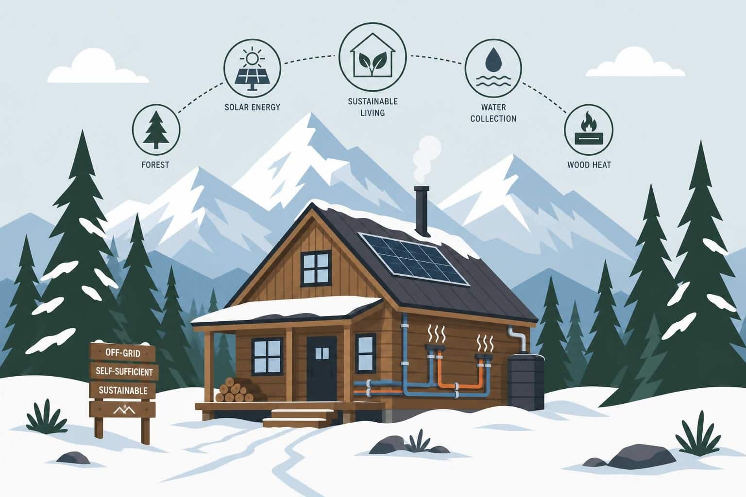 A minimalist vector illustration of a rustic cabin in a snowy mountain landscape, emphasizing sustainability and off-grid living. A minimalist vector illustration of a rustic cabin in a snowy mountain landscape, emphasizing sustainability and off-grid living.