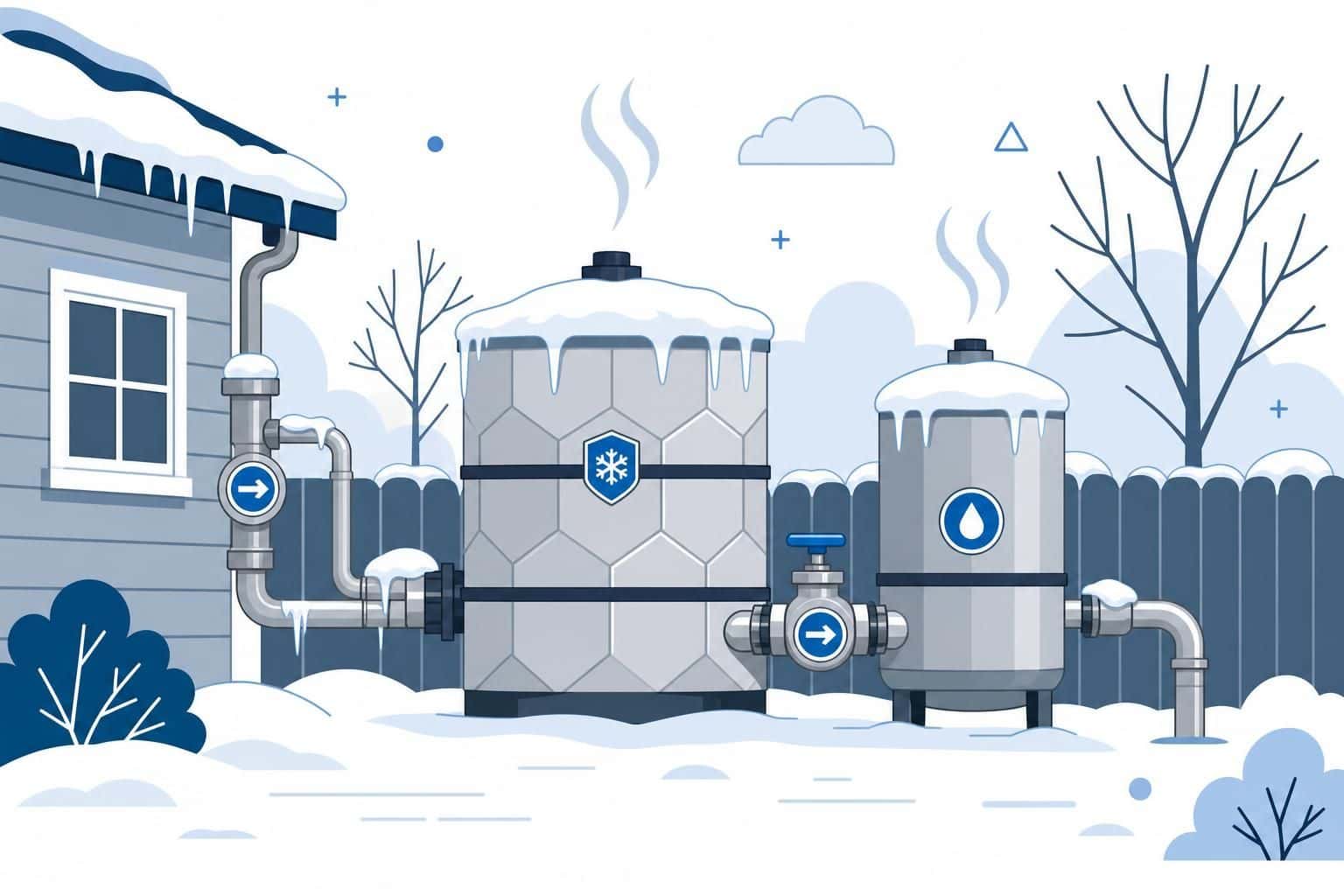A minimalist winter backyard scene with geometric water tanks, pipes, and abstract trees, illustrated in cool flat colors. A minimalist winter backyard scene with geometric water tanks, pipes, and abstract trees, illustrated in cool flat colors.